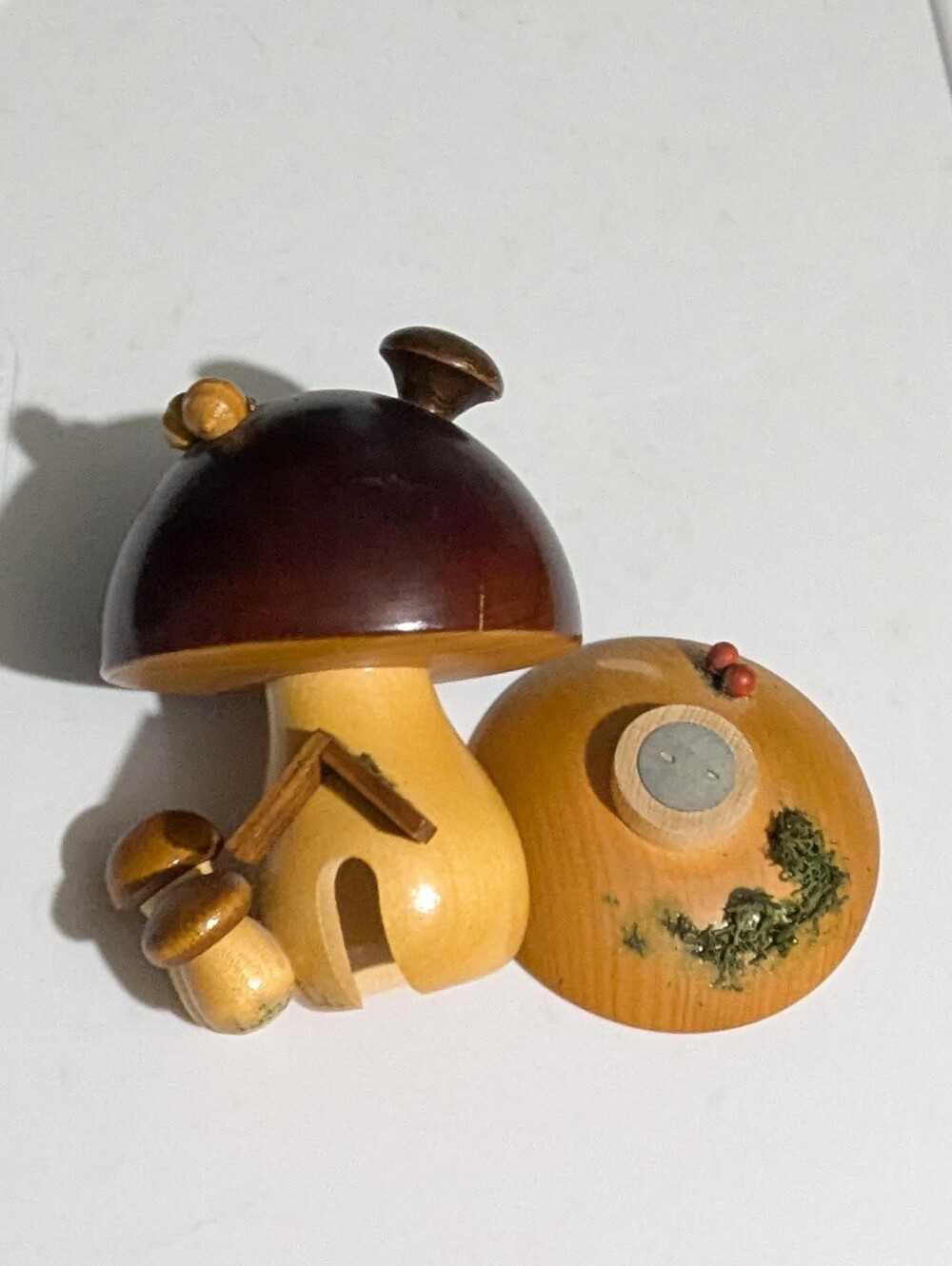 Wooden Mushroom House Figurine in Brown and Tan - Picture 6 of 8